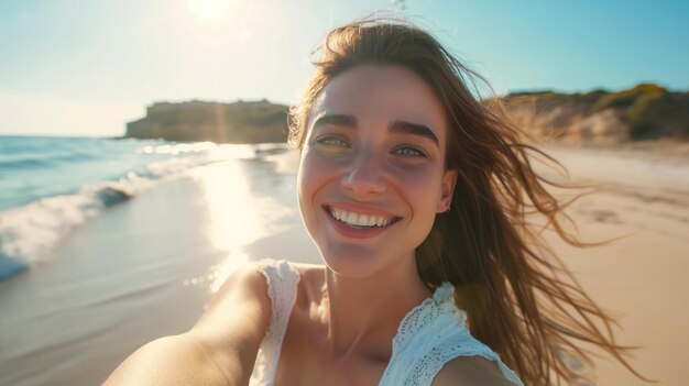 Mooie jonge vrouw die selfie maakt op het strand Vrouw die glimlacht op het strand tijdens de zomervakantie