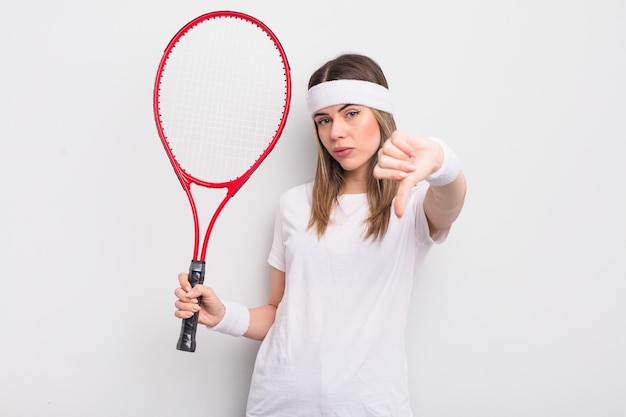 Mooie jonge vrouw die zich kruist met duimen naar beneden tennisconcept