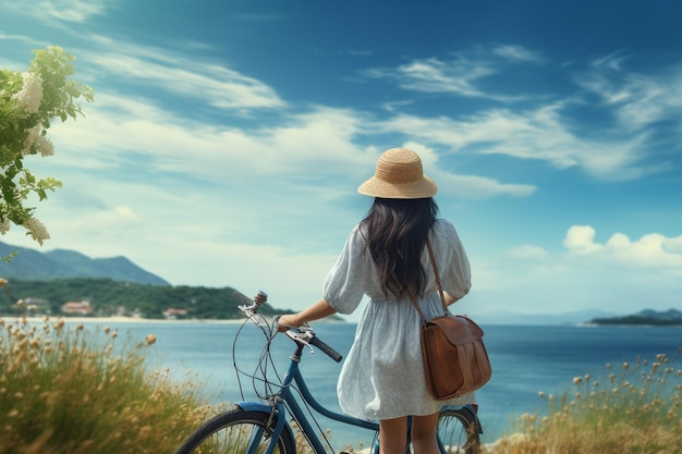 Mooie jonge vrouw fietsen en genieten van de natuur