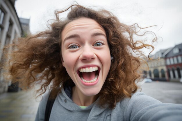 Foto mooie jonge vrouw gelukkige en verbaasde uitdrukking stad achtergrond