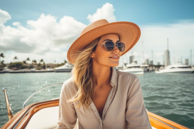 mooie jonge vrouw geniet van zonnige vakantie op een boot