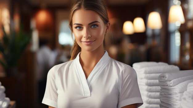 Foto mooie jonge vrouw houdt haar mooie witte kussen vast terwijl ze bij het bed staat