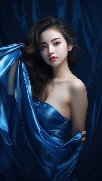 Mooie jonge vrouw in blauwe satijnen jurk