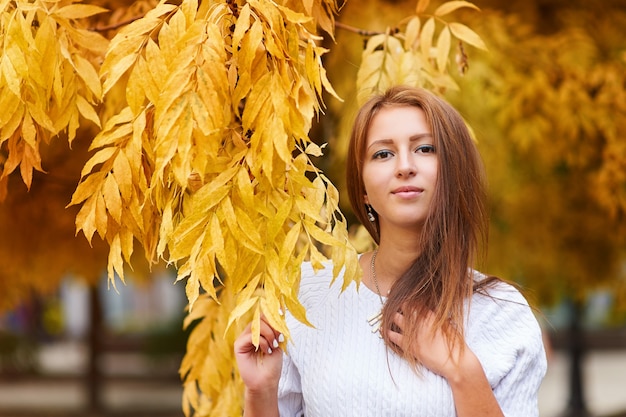 Mooie jonge vrouw in de herfstpark met gele bladeren.