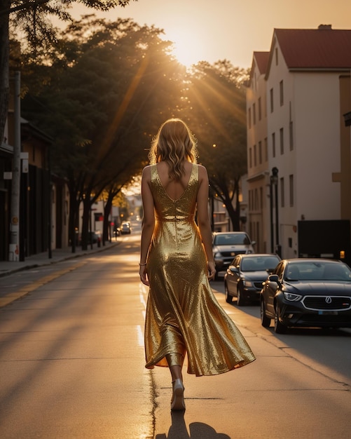 Mooie jonge vrouw in een lange gele jurk loopt op straat bij zonsondergang ai generatief