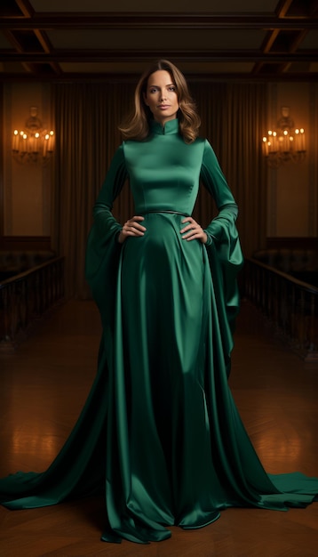 Mooie jonge vrouw in een lange groene jurk die in het interieur poseert