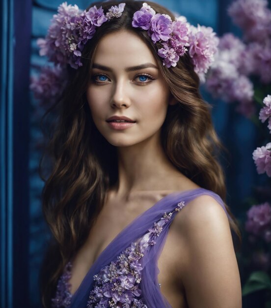Mooie jonge vrouw in een paarse jurk met make-up en bloemen.