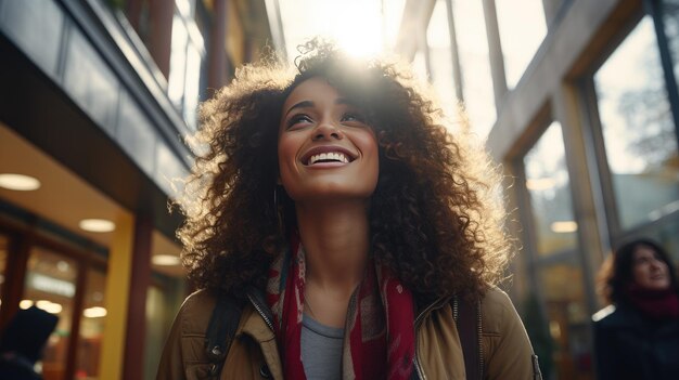 Foto mooie jonge vrouw in een stad glimlachende afro-amerikaanse student meisje glimlachende mensen student levensstijl stad leven concept