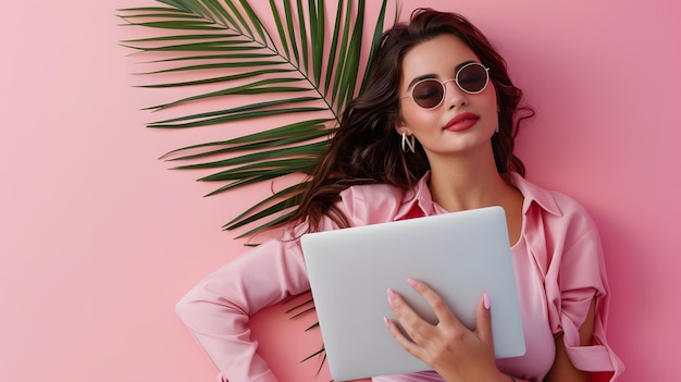 Mooie jonge vrouw in een stijlvolle outfit en zonnebril met een laptop en poseert tegen een roze achtergrond met een palmblad