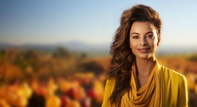 Foto mooie jonge vrouw in gele sjaal over de herfst natuur achtergrond met kopie ruimte