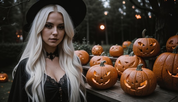 Mooie jonge vrouw in zwarte jurk en hoed op de achtergrond van Halloween pompoenen ai generatieve