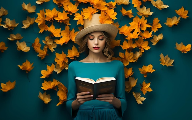 Mooie jonge vrouw lezen op de achtergrond van de muur bedekt met herfstbladeren