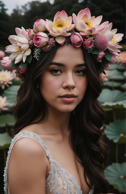 mooie jonge vrouw met bloemen in haar die naar de camera kijkt geïsoleerd op grijs ai generatief