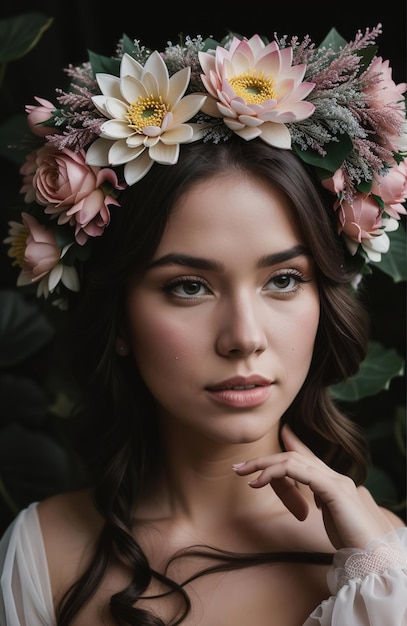 mooie jonge vrouw met bloemen in haar die naar de camera kijkt geïsoleerd op grijs ai generatief