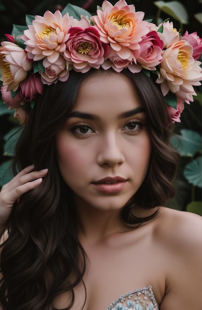mooie jonge vrouw met bloemen in haar die naar de camera kijkt geïsoleerd op grijs ai generatief