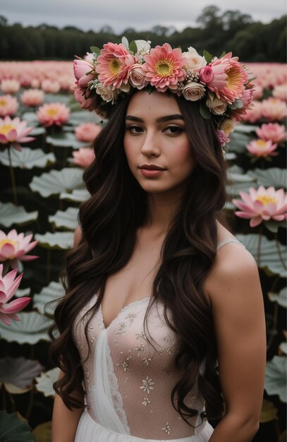 mooie jonge vrouw met bloemen in haar die naar de camera kijkt geïsoleerd op grijs ai generatief