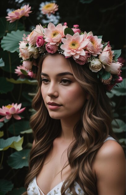 mooie jonge vrouw met bloemen in haar die naar de camera kijkt geïsoleerd op grijs ai generatief