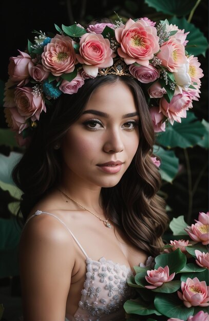 mooie jonge vrouw met bloemen in haar die naar de camera kijkt geïsoleerd op grijs ai generatief