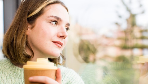 Mooie jonge vrouw met een hete koffie thuis huis interieur