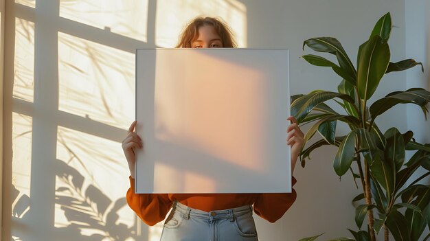 Mooie jonge vrouw met een leeg bord met kopieerruimte