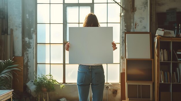 Foto mooie jonge vrouw met een leeg bord met kopieerruimte