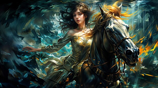 Mooie jonge vrouw met een paard in een fantasiewereld Digitale schilderij