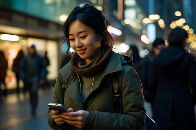 Mooie jonge vrouw met een smartphone loopt door de straat glimlachend student meisje