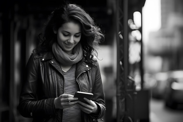 Mooie jonge vrouw met een smartphone loopt door de straat glimlachend student meisje