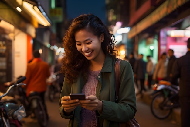 Mooie jonge vrouw met een smartphone loopt door de straat glimlachend student meisje