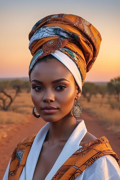 Mooie jonge vrouw met een traditionele Afrikaanse hoofddoek bij zonsondergang