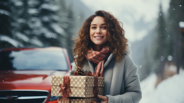 Mooie jonge vrouw met gebreide trui staande in de buurt van auto met kerstboom op de top onder sneeuwval Fijne wintervakantie Foto van hoge kwaliteit