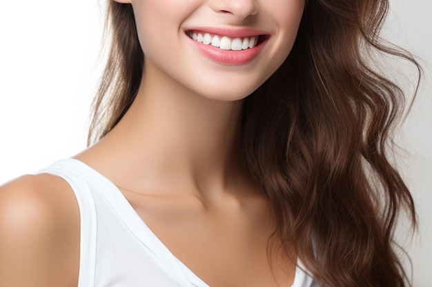 Mooie jonge vrouw met gezonde tanden op witte achtergrond