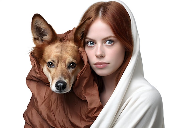 Foto mooie jonge vrouw met haar hond die over wit wordt geïsoleerd
