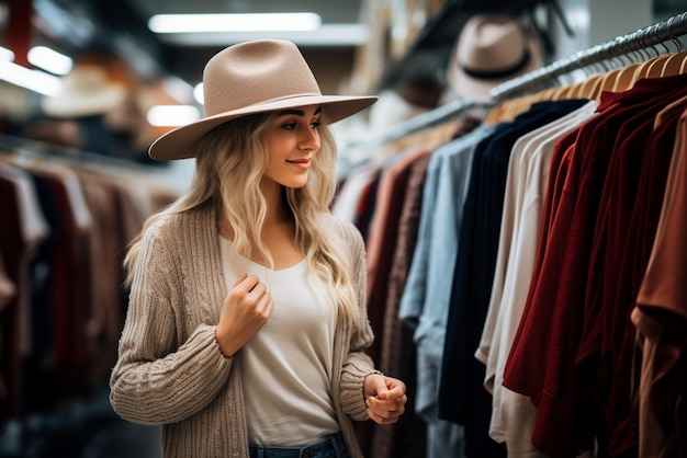 Mooie jonge vrouw met hoed die naar de kleding in de winkel kijkt.