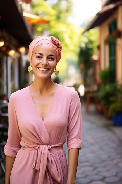 mooie jonge vrouw met hoofddoek en gekleed in roze