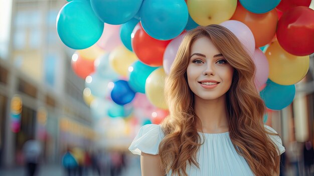 Mooie jonge vrouw met kleurrijke ballonnen in stadsstraat