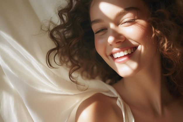 Mooie jonge vrouw met krullend haar ligt op het bed en glimlacht Generatieve AI