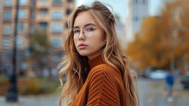 Mooie jonge vrouw met lang blond haar en groene ogen met een bril en een bruine trui die in de stadsstraat staat