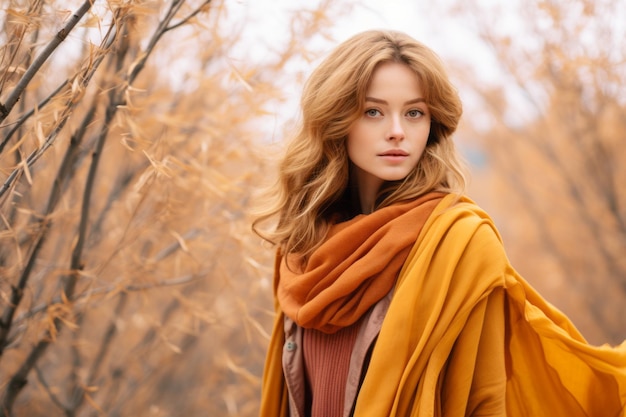 mooie jonge vrouw met lang bruin haar en oranje sjaal in herfstbos