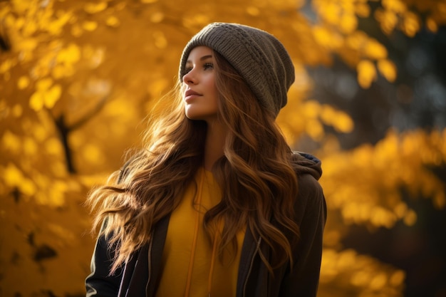mooie jonge vrouw met lang haar staande voor gele bladeren