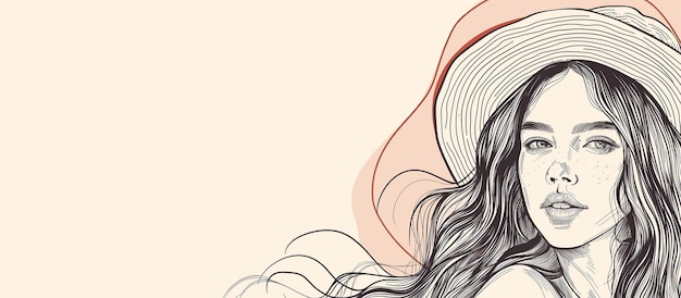 Mooie jonge vrouw met lange golvende lokken in een brede hoed met verdronken hand illustratie