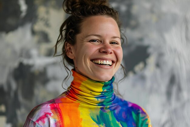 Mooie jonge vrouw met regenboog geschilderd op haar gezicht en glimlachend