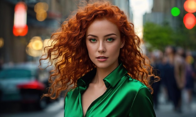Mooie jonge vrouw met rood krullend haar in een groene jurk in de stad's nachts ai generatief