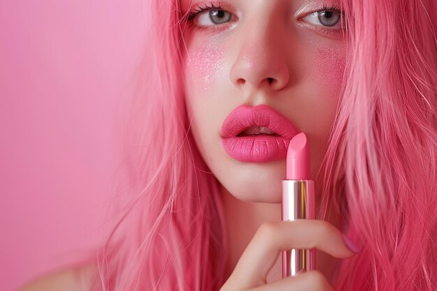 Foto mooie jonge vrouw met roze haar die roze lippenstift aanbrengt.