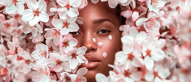 Foto mooie jonge vrouw met roze lippen en kersenbloesems.