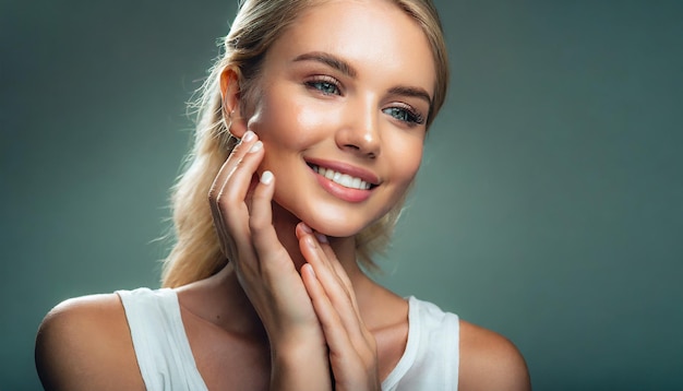 Mooie jonge vrouw met schone frisse huid aanraken eigen gezicht gezichtsbehandeling cosmetologie schoonheid en s