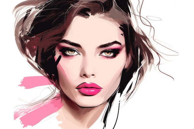 Mooie jonge vrouw model gezicht portret Glamour meisje make-up mode illustratie Stijlvolle kunst schets Schoonheid en stijl vector tekening