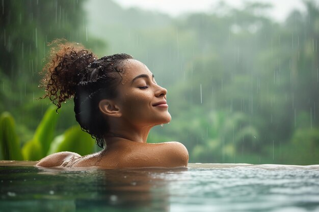 Mooie jonge vrouw ontspant zich in het zwembad en geniet van de regen met AI gegenereerd