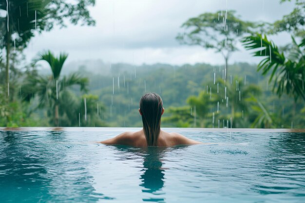 Mooie jonge vrouw ontspant zich in het zwembad en geniet van de regen met AI gegenereerd