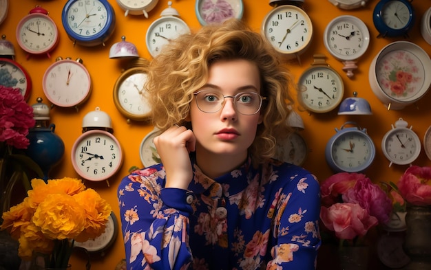 Foto mooie jonge vrouw op achtergrond van muur bedekt met vintage klokken